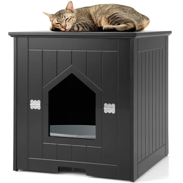 Maison pour Chat avec Demi-porte Magnétique Rabattable 48x51x50,5 CM Meuble à Litière pour Chat avec Poignée Rainurée Noir