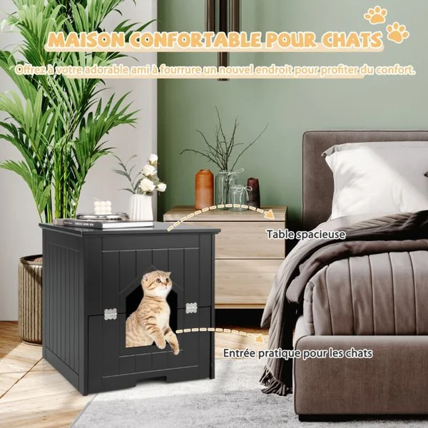 Maison pour Chat avec Demi-porte Magnétique Rabattable 48x51x50,5 CM Meuble à Litière pour Chat avec Poignée Rainurée Noir