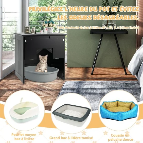 Maison pour Chat avec Demi-porte Magnétique Rabattable 48x51x50,5 CM Meuble à Litière pour Chat avec Poignée Rainurée Noir