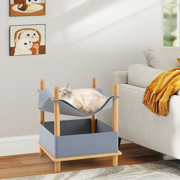 Maison pour Chat en Bois à 2 Niveaux Arbre à Chat Moderne avec Condo Semi-Clos Vêtements Amovibles Espace de Rangement Lit Hamac Élevé Gris