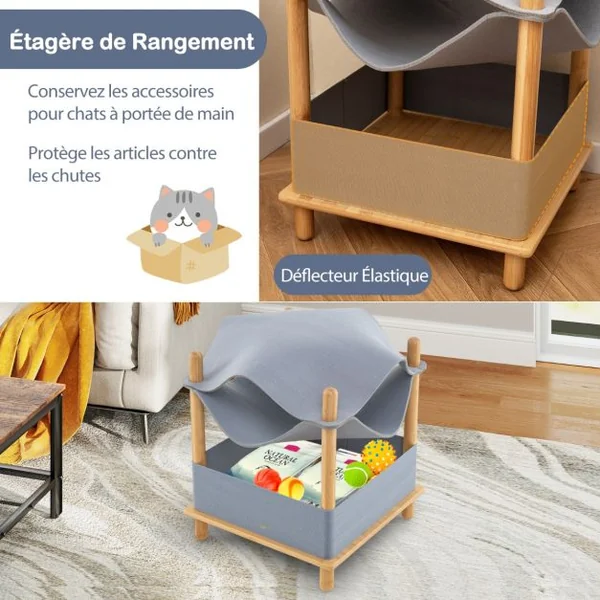Maison pour Chat en Bois à 2 Niveaux Arbre à Chat Moderne avec Condo Semi-Clos Vêtements Amovibles Espace de Rangement Lit Hamac Élevé Gris