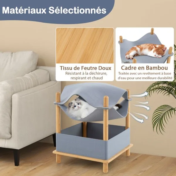 Maison pour Chat en Bois à 2 Niveaux Arbre à Chat Moderne avec Condo Semi-Clos Vêtements Amovibles Espace de Rangement Lit Hamac Élevé Gris