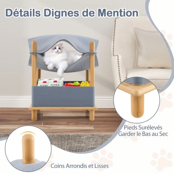 Maison pour Chat en Bois à 2 Niveaux Arbre à Chat Moderne avec Condo Semi-Clos Vêtements Amovibles Espace de Rangement Lit Hamac Élevé Gris