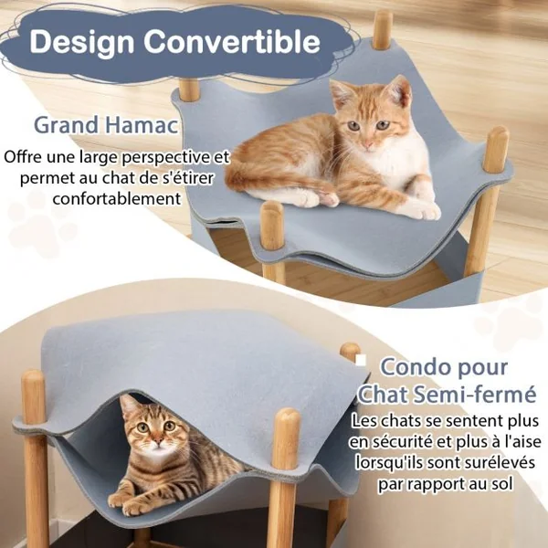 Maison pour Chat en Bois à 2 Niveaux Arbre à Chat Moderne avec Condo Semi-Clos Vêtements Amovibles Espace de Rangement Lit Hamac Élevé Gris