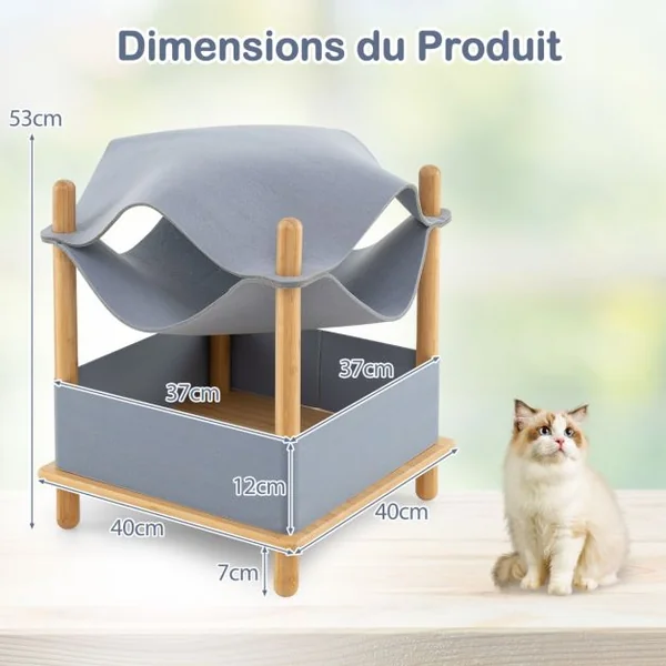 Maison pour Chat en Bois à 2 Niveaux Arbre à Chat Moderne avec Condo Semi-Clos Vêtements Amovibles Espace de Rangement Lit Hamac Élevé Gris