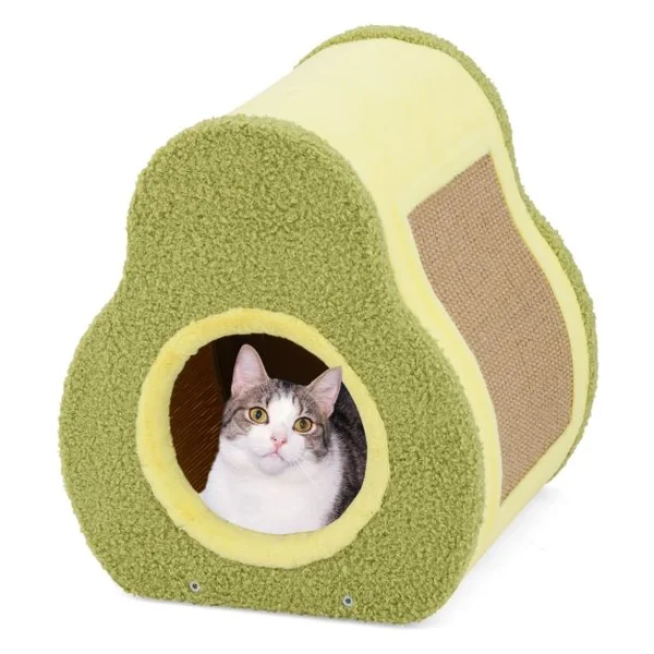 Maison pour Chat en Forme d'Avocat Abri Mignon avec Griffoir en Jute Trou Rond pour Chat Condo Compact avec Griffoir 35 x 33 x 40 cm Vert