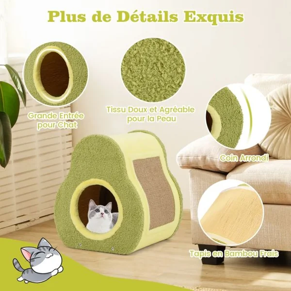 Maison pour Chat en Forme d'Avocat Abri Mignon avec Griffoir en Jute Trou Rond pour Chat Condo Compact avec Griffoir 35 x 33 x 40 cm Vert