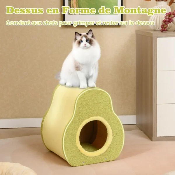 Maison pour Chat en Forme d'Avocat Abri Mignon avec Griffoir en Jute Trou Rond pour Chat Condo Compact avec Griffoir 35 x 33 x 40 cm Vert
