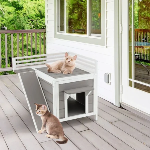 Maison pour Chat Niche pour Animaux en Bois avec Balcon Rampe d'Escalade et Garde-corps de Protection Intérieur/Extérieur