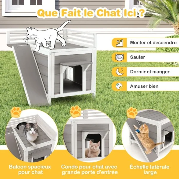 Maison pour Chat Niche pour Animaux en Bois avec Balcon Rampe d'Escalade et Garde-corps de Protection Intérieur/Extérieur