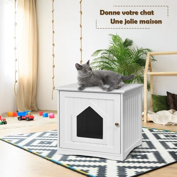 Maison pour Chat pour Salon Chambre Balcon Porte et Poignée pour l'Intérieur et l’Extérieur en Mdf 51x49x47cm Blanc