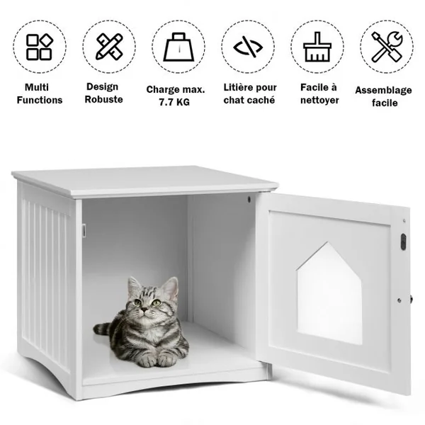 Maison pour Chat pour Salon Chambre Balcon Porte et Poignée pour l'Intérieur et l’Extérieur en Mdf 51x49x47cm Blanc