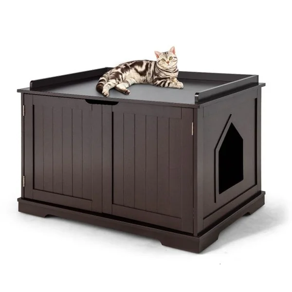 Maison pour Chats avec Chatière 2 Compartiments 1 Panneau Amovible et 2 Portes 75 x 54 x 52cm Charge Max 50KG Blanc/Café/Noir/Gris