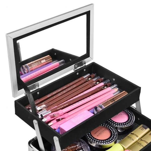 Mallette de Maquillage Valise de Maquillage Coffret de Maquillage en ABS, 3 niveaux avec miroir, 23 x 15 x 15 cm, Argent