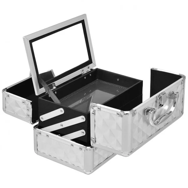 Mallette de Maquillage Valise de Maquillage Coffret de Maquillage en ABS, 3 niveaux avec miroir, 23 x 15 x 15 cm, Argent