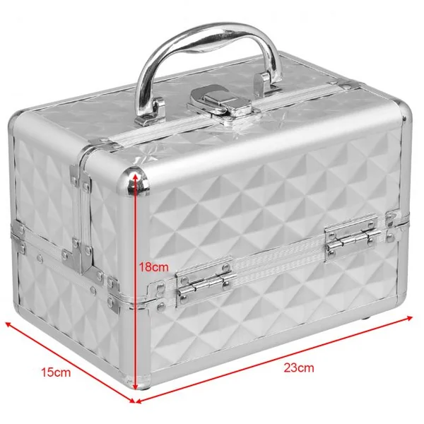 Mallette de Maquillage Valise de Maquillage Coffret de Maquillage en ABS, 3 niveaux avec miroir, 23 x 15 x 15 cm, Argent