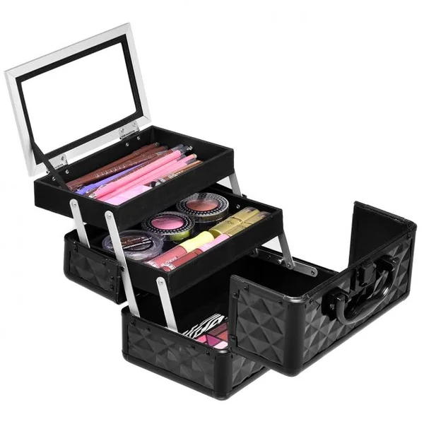 Mallette de Maquillage Valise de Maquillage Coffret de Maquillage en ABS, 3 niveaux avec miroir, 23 x 15 x 15 cm, Noir