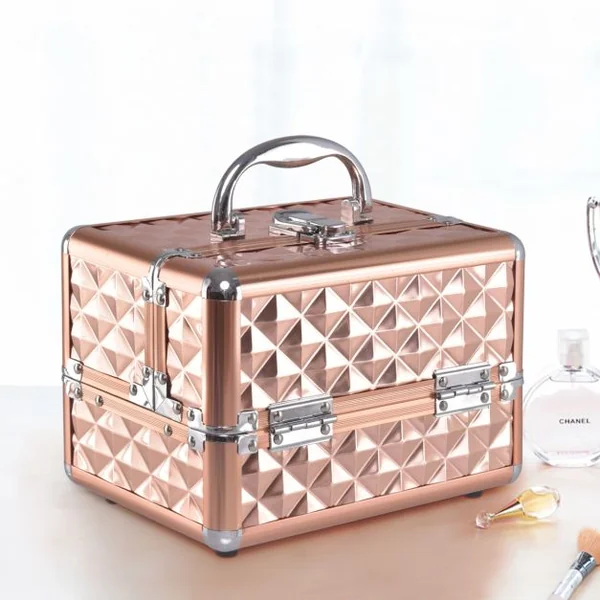 Mallette de Maquillage Valise de Maquillage Coffret de Maquillage en ABS, 3 niveaux avec miroir, 23x15x15cm, Doré rose