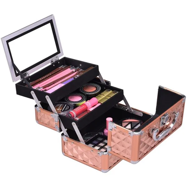 Mallette de Maquillage Valise de Maquillage Coffret de Maquillage en ABS, 3 niveaux avec miroir, 23x15x15cm, Doré rose