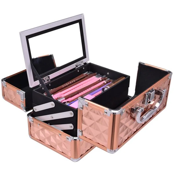 Mallette de Maquillage Valise de Maquillage Coffret de Maquillage en ABS, 3 niveaux avec miroir, 23x15x15cm, Doré rose