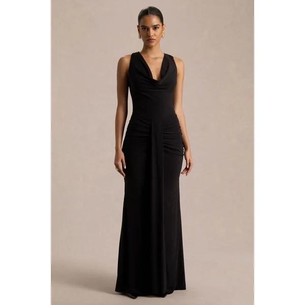 Mallie | Robe longue noire à encolure drapée et détail froncé