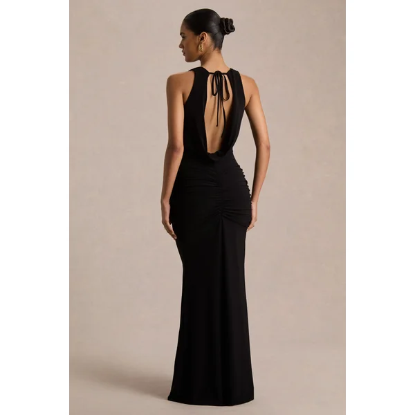 Mallie | Robe longue noire à encolure drapée et détail froncé