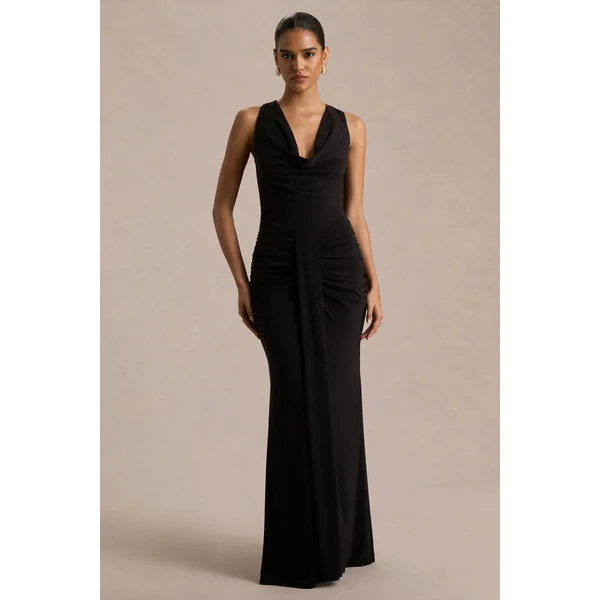 Mallie | Robe longue noire à encolure drapée et détail froncé