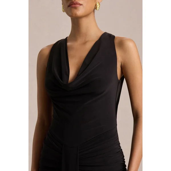 Mallie | Robe longue noire à encolure drapée et détail froncé