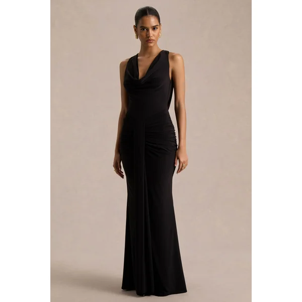 Mallie | Robe longue noire à encolure drapée et détail froncé