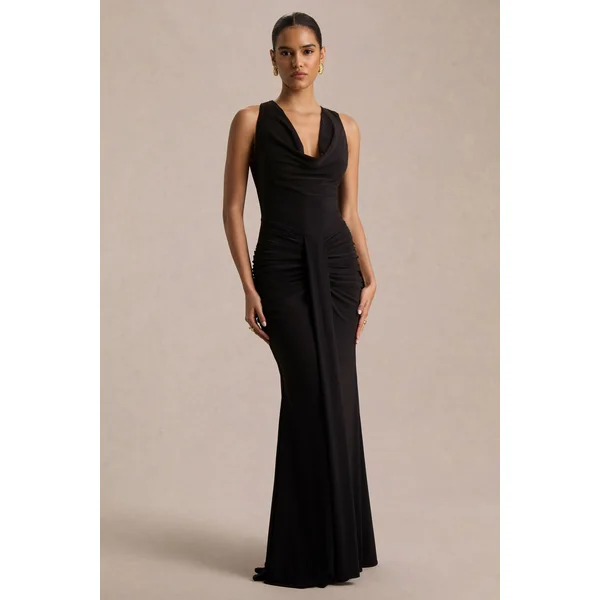 Mallie | Robe longue noire à encolure drapée et détail froncé