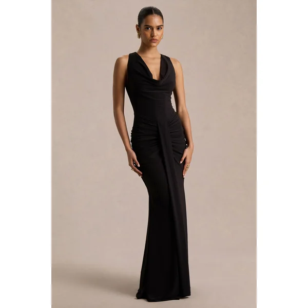 Mallie | Robe longue noire à encolure drapée et détail froncé