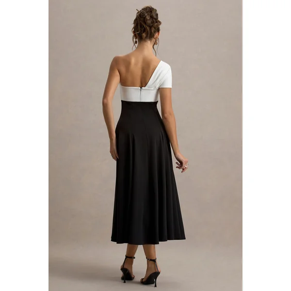 Malta | Robe Mi-Longue Noir et Blanc à Épaule Unique