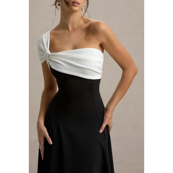 Malta | Robe Mi-Longue Noir et Blanc à Épaule Unique