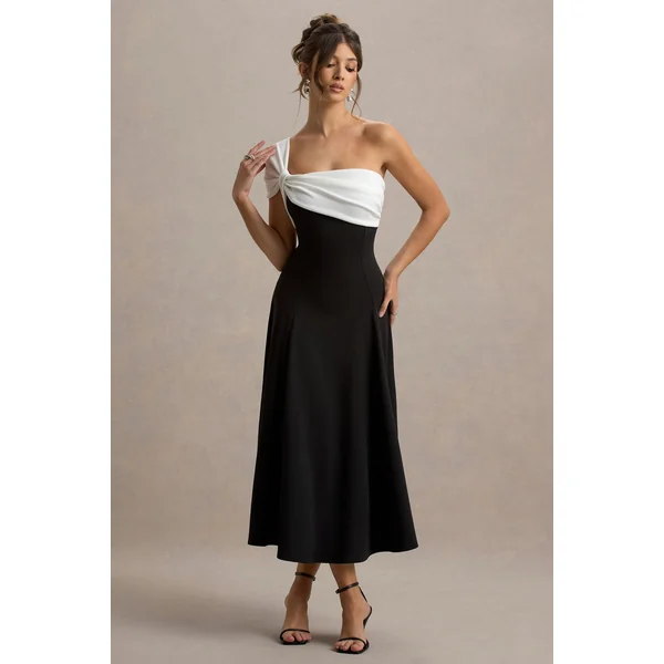 Malta | Robe Mi-Longue Noir et Blanc à Épaule Unique