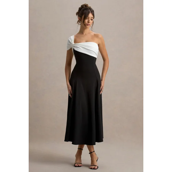 Malta | Robe Mi-Longue Noir et Blanc à Épaule Unique