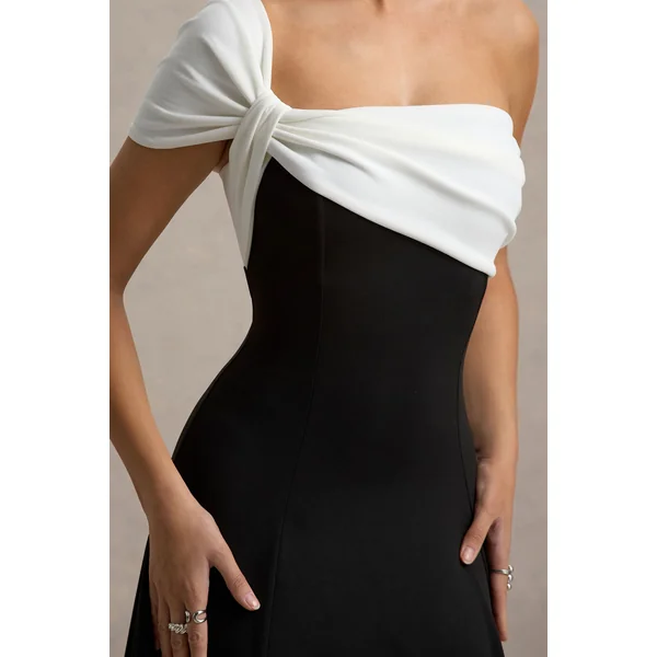 Malta | Robe Mi-Longue Noir et Blanc à Épaule Unique