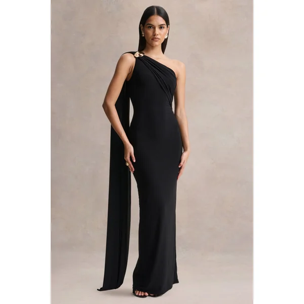 Mandy | Robe longue noire à encolure asymétrique