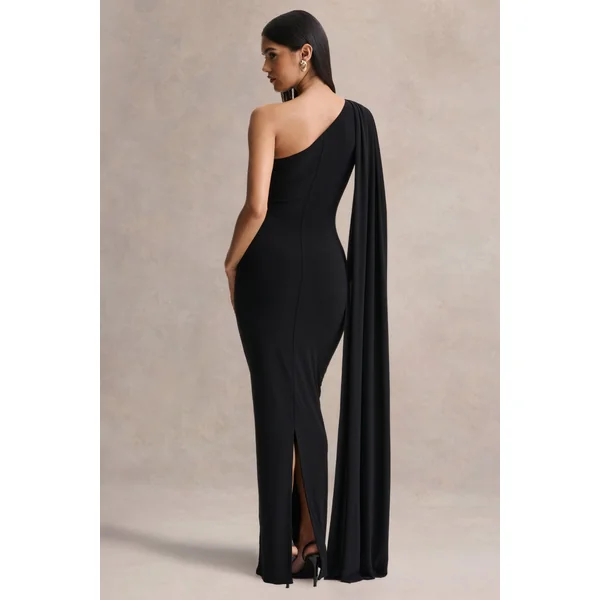 Mandy | Robe longue noire à encolure asymétrique