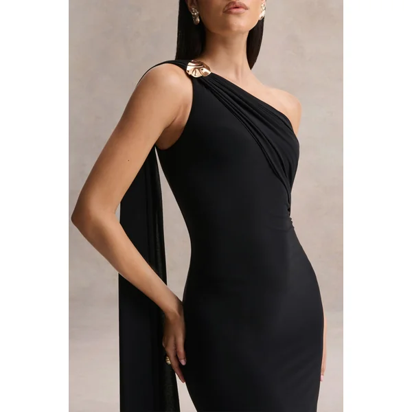 Mandy | Robe longue noire à encolure asymétrique