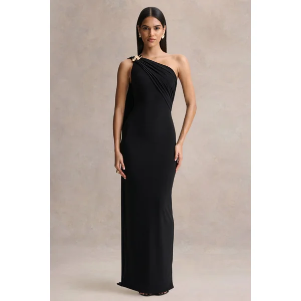 Mandy | Robe longue noire à encolure asymétrique