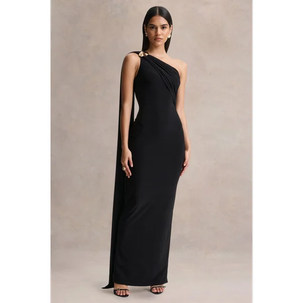 Mandy | Robe longue noire à encolure asymétrique
