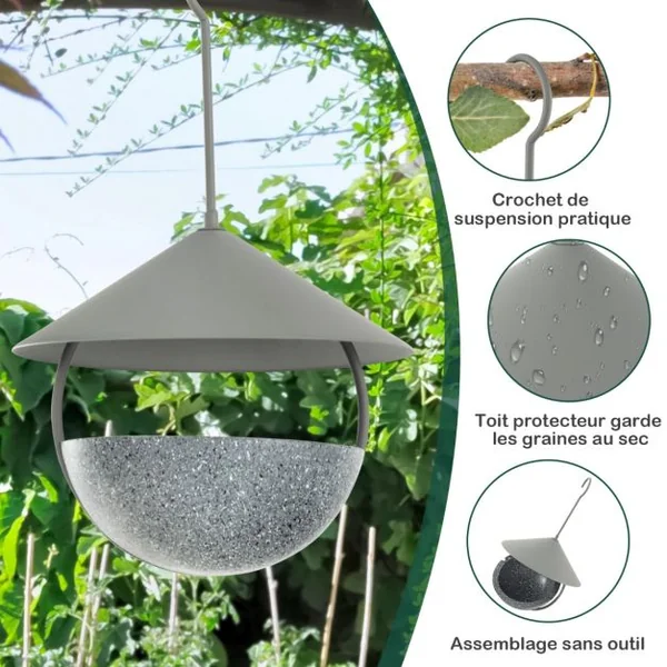 Mangeoire à Oiseaux Suspendue 270ml Abreuvoir et Bain d'Oiseaux avec Dôme Résistant aux Intempéries Crochet et Bol d'Eau