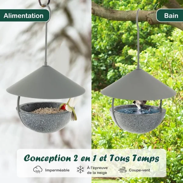Mangeoire à Oiseaux Suspendue 270ml Abreuvoir et Bain d'Oiseaux avec Dôme Résistant aux Intempéries Crochet et Bol d'Eau