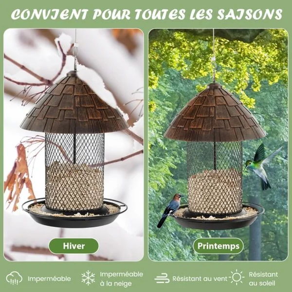 Mangeoire à Oiseaux Suspendue Sauvages d'Extérieur avec Dôme en Résine Résistant aux Intempéries et Trous de Drainage