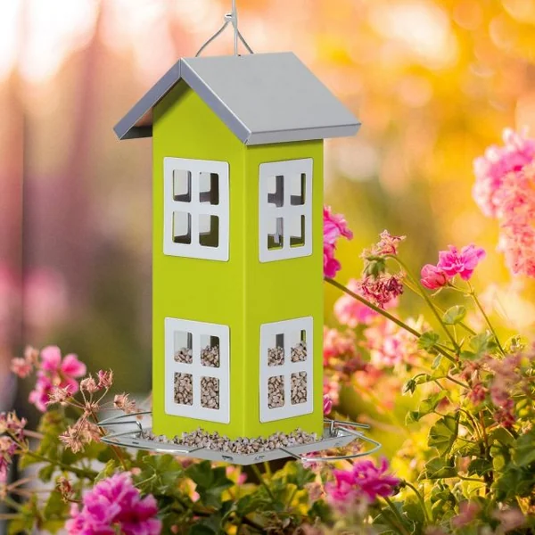 Mangeoire à Oiseaux Étanche en Forme de Maison Capacité 2L pour Jardin Vert