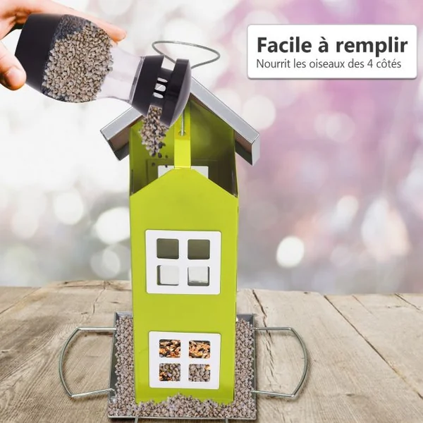 Mangeoire à Oiseaux Étanche en Forme de Maison Capacité 2L pour Jardin Vert