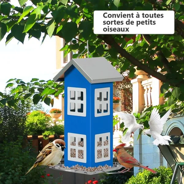 Mangeoire à Oiseaux Étanche en Forme de Maison Corde de Suspension Capacité 2 L en Tôle de Fer 12x12x26cm Bleu