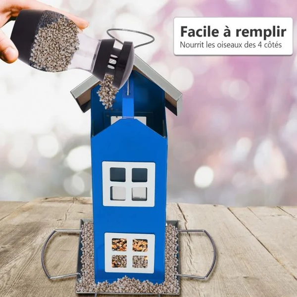 Mangeoire à Oiseaux Étanche en Forme de Maison Corde de Suspension Capacité 2 L en Tôle de Fer 12x12x26cm Bleu