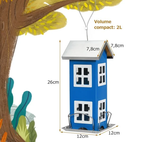 Mangeoire à Oiseaux Étanche en Forme de Maison Corde de Suspension Capacité 2 L en Tôle de Fer 12x12x26cm Bleu