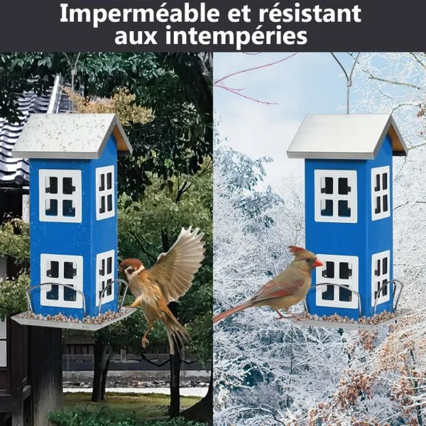 Mangeoire à Oiseaux Étanche en Forme de Maison Corde de Suspension Capacité 2 L en Tôle de Fer 12x12x26cm Bleu
